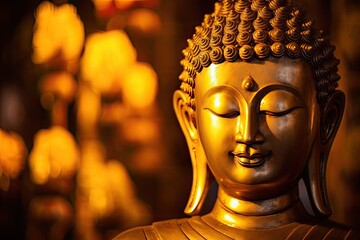 Buddha statue s head illuminated by yellow light in Thai temple