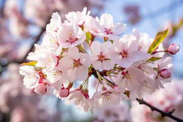Cherry flowers on a branch fading to white with shallow depth of field Focus on center cluster