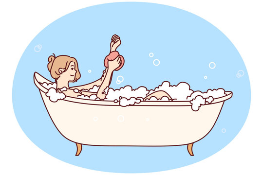 Young woman enjoys rubbing hand with washcloth bathing and relaxing after hard day at work. Optimistic girl lies in bath among foam and soap bubbles and smiles. Flat vector design