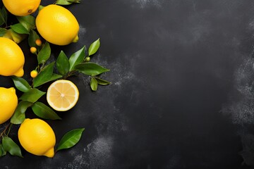 Copy space with fresh lemons on dark stone background seen from above