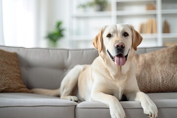 Contemporary living room with adorable Golden Labrador on sofa