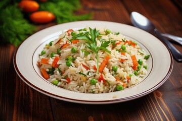 Delicious and nutritious rice dish with vegetables on white plate Focus on top view