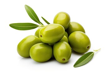 Delightful green olives isolated on white - obrazy, fototapety, plakaty
