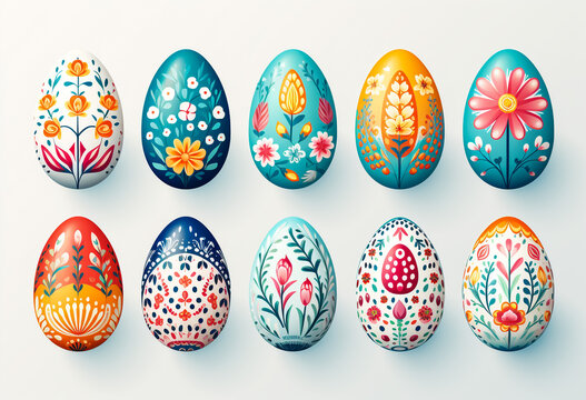 Happy Easter.Set of Easter eggs with different texture on a white background.Spring holiday. Vector Illustration.Happy easter eggs