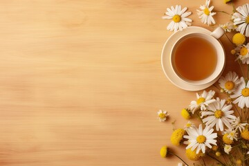 Obraz na płótnie Canvas Healthy chamomile tea with flowers, honey, and space for text on beige background.
