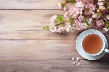 Fototapeta na wymiar Flower tea and blossoms on a wooden backdrop.