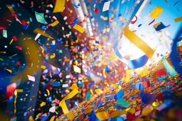 A close-up of confetti and streamers falling during - obrazy, fototapety, plakaty