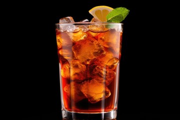 Glass of iced tea with fruit, white background.