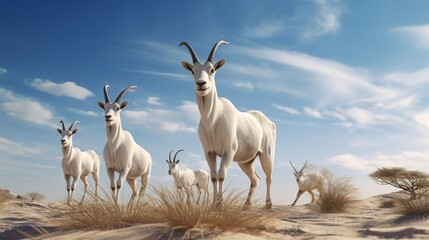 Render a compelling image of an Addax family, portraying natural behavior and interactions, with attention to HD details.