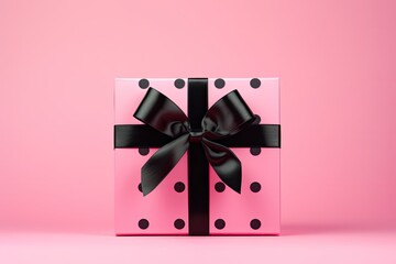 Pink gift box with black bow on pink background with red and black polka dots.