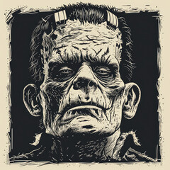 Vintage Style Illustration of a Classic Monster Face - Retro Horror Graphic frankenstein character face portrait.