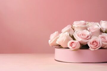 Obraz na płótnie Canvas Elegant beauty concept with modern aesthetic. Product podium and fresh pink rose flowers on pastel pink background. Suitable for displaying products and business ideas.
