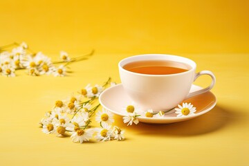 Obraz na płótnie Canvas Delicious chamomile tea on colorful backdrop.
