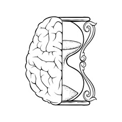 black and white illustration of a brain combined with an hourglass