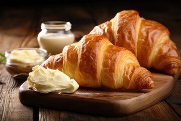 French bakery specializing in organic croissants with butter presented on a wooden background - obrazy, fototapety, plakaty