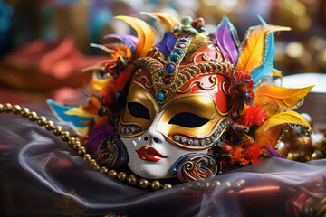 A close-up of a carnival mask resting on a decorative table filled with festive items.