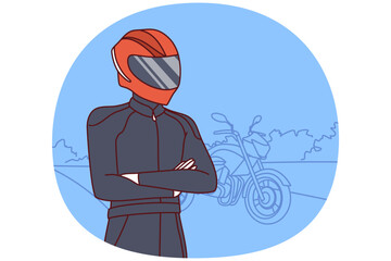 Biker in clothes for professional riding motorcycle and protective helmet covering face and eyes. Human with bike for extreme racing stands on road and looks into distance. Flat vector design