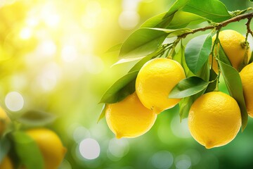 Fresh yellow lemons with green leaves on blurred background Lemon is a small evergreen tree