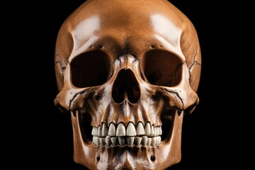 Frontal view of human skull on black background