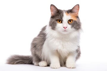 Front facing female cat isolated on white gray orange