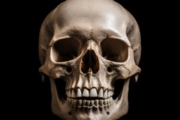 Frontal view of isolated human skull on black background - obrazy, fototapety, plakaty