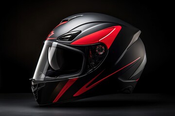 Full face motorbike helmet isolated on white background made of fiberglass Black and red sport touring helmet Modern protective headgear - obrazy, fototapety, plakaty