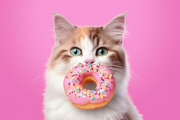 Funny fast food poster for ad featuring a cat s head with donuts and ice cream on a pink background in vivid colors
