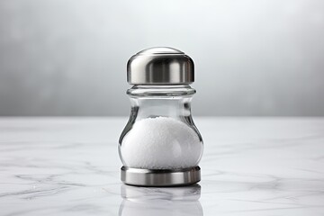 Glass salt shaker on a table with a white background - obrazy, fototapety, plakaty