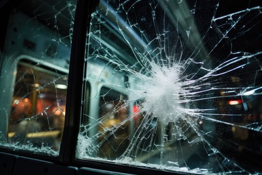 Frontal glass on bus destroyed in crash