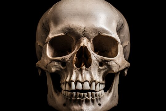Frontal view of isolated human skull on black background