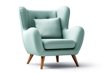 Isolated modern light blue armchair with pillow armrests wooden feet Turquoise sofa set