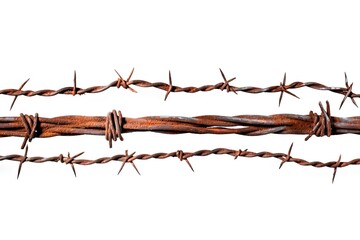 Isolated white background and texture with old rusty barbed wire fence - obrazy, fototapety, plakaty
