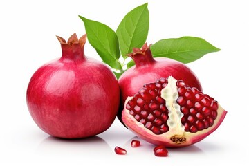 Isolated white background image of pomegranate with seeds and leaves