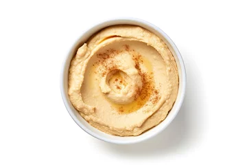 Foto op Plexiglas Isolated white background top view of hummus bowl © The Big L