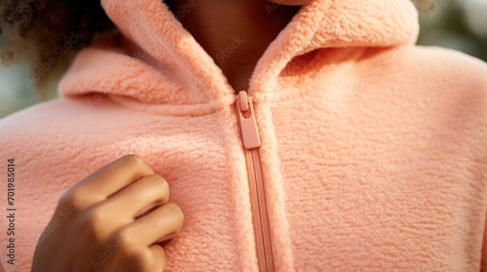 Poster closeup of a lightweight peach fuzz colored hoodie, perfect for layering with its soft material and 