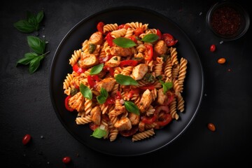 Italian style Fusilli pasta with chicken sweet pepper and tomato sauce Top view from above