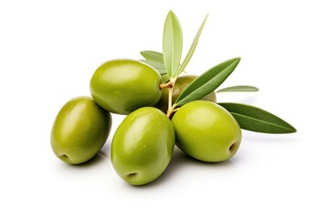 Obraz premium Large green olives in olive oil with leaves isolated on white background viewed from above