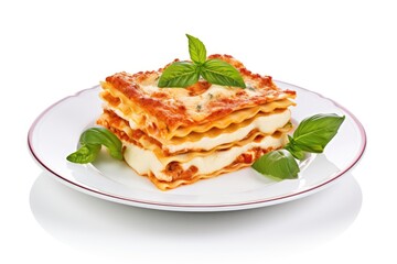 Lasagna plate with basil on white background