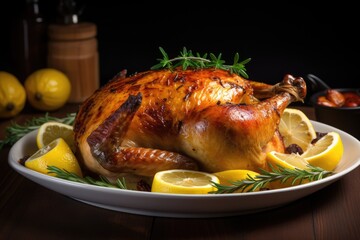 Lemon infused homemade roasted chicken on a wooden backdrop