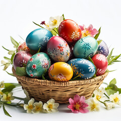 Fototapeta na wymiar colorful easter eggs in a basket on the meadow