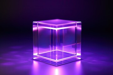 Lonely cube in futuristic style reflecting light isolated on purple background