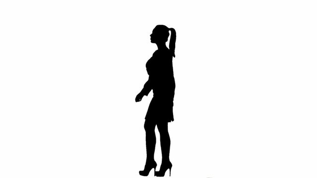 Black silhouette of attractive office girl on a white isolated background. Woman in skirt and blouse walking cutely. Side view.