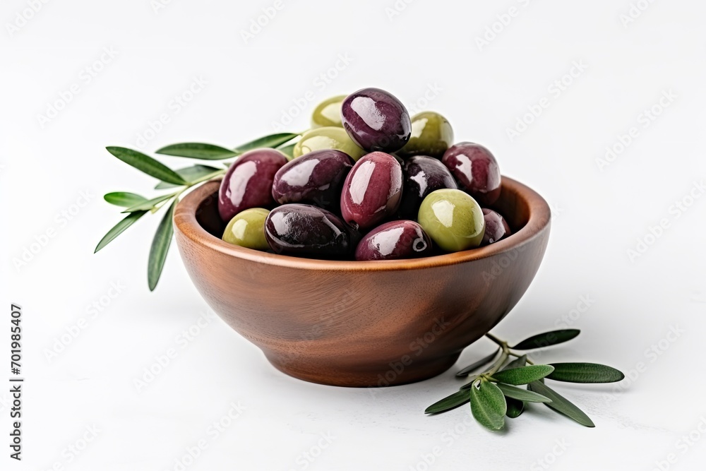 Wall mural olives presented in white bowl on stone background overhead view with empty area