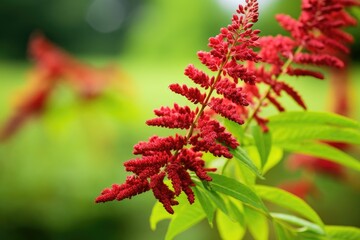 Red flowers of sumac tree with green leaves red inflorescences of deer sumac seeds and horned sumac in the park