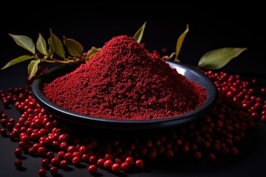 Red Sumac Berries sprinkled on dark dish