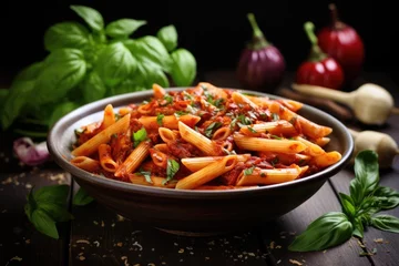 Fototapeten Spicy chili sauce on penne pasta © The Big L