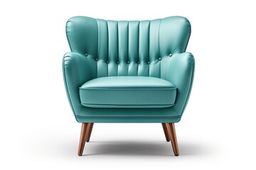Teal blue chair with copper feet Isolated on white Modern wingback armchair with armrests - obrazy, fototapety, plakaty