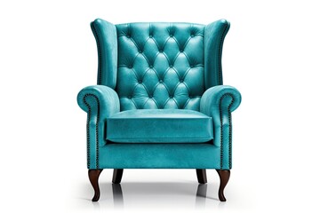 Teal blue armchair with tufted upholstery and wooden feet isolated on white background