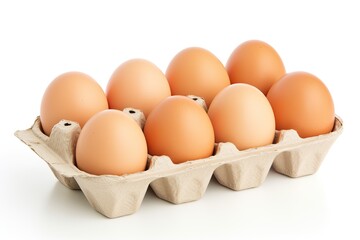 Ten fresh eggs uncooked in a carton box on a white background