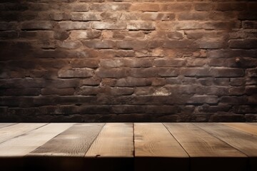 Texture of an empty wooden table and old brick wall for your photomontage or product display